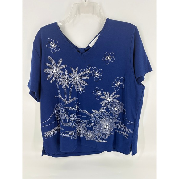 Alfred Dunner Blue Palm Tree Floral Embroidered T-Shirt Top XL - Picture 1 of 6